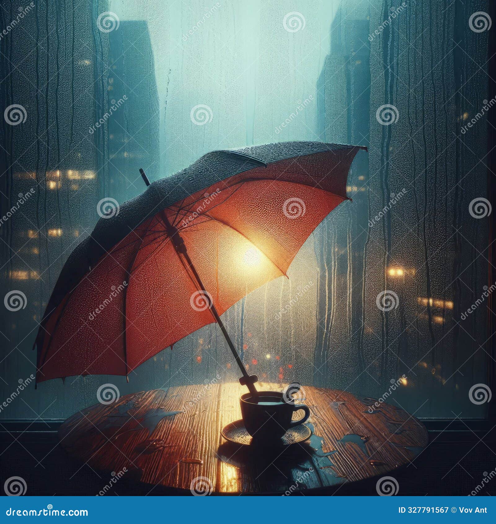78 26. a rain -soaked umbrella leanin g agains t the fo ggy glass, d